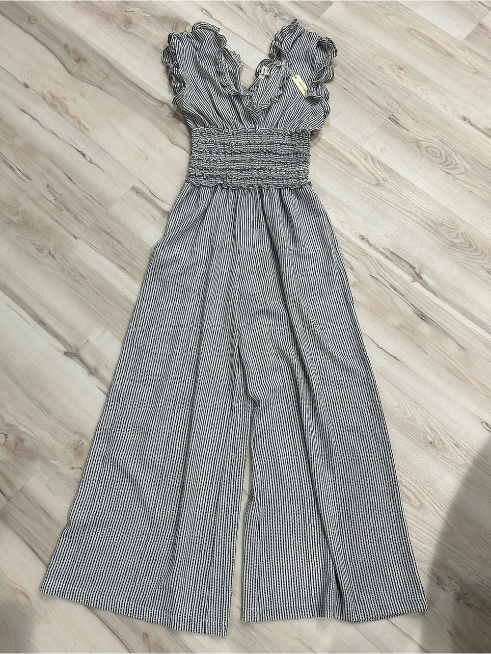 Max Studio Black & White Striped Smocked-Waist Wide-Leg Jumpsuit